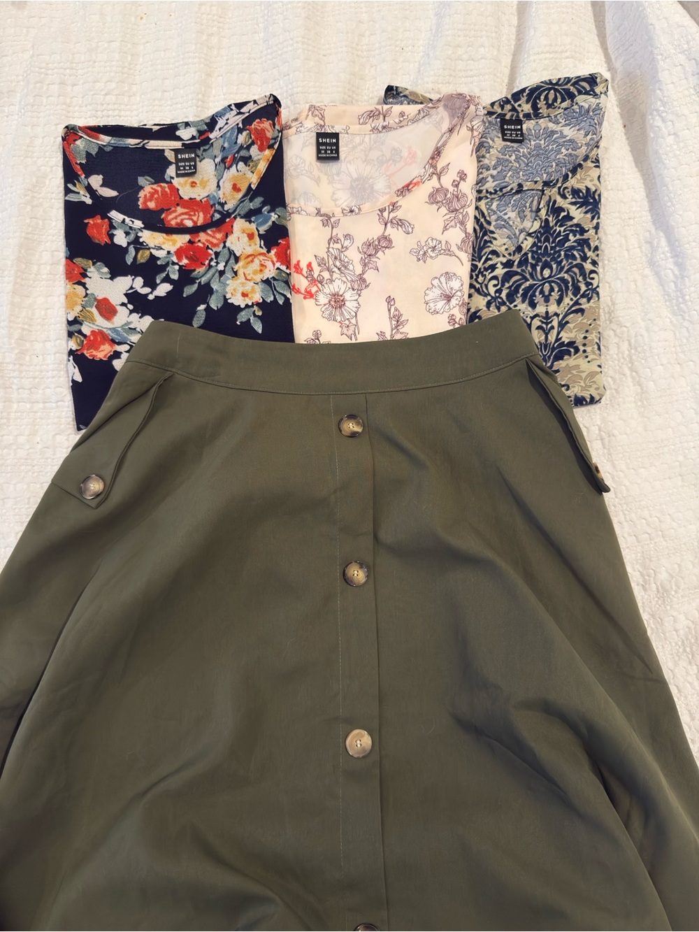 SHEIN Olive Button-Front A-Line Skirt